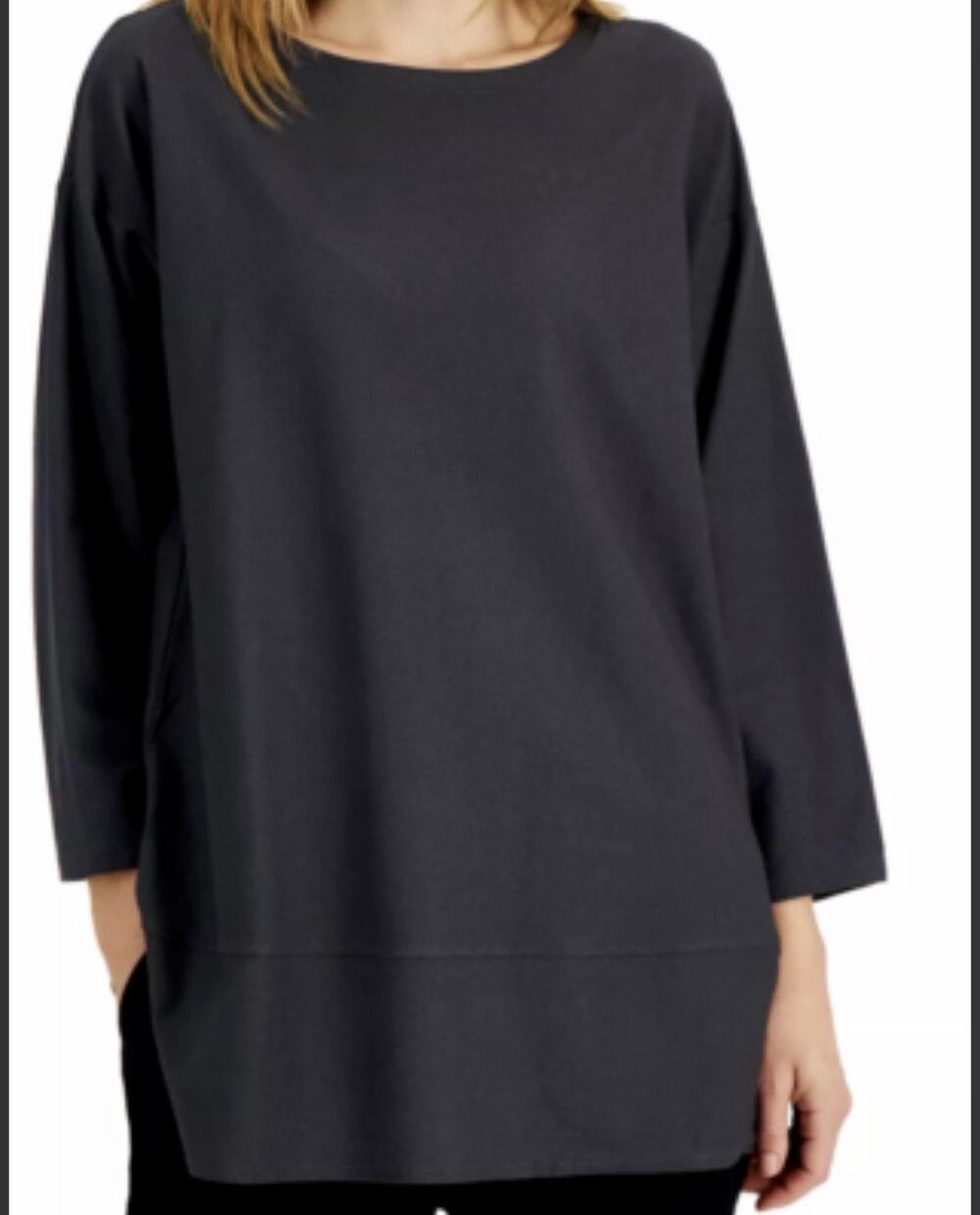 Eileen Fisher Black Ballet Neck Long Tunic Blouse Shirt M $178 EUC